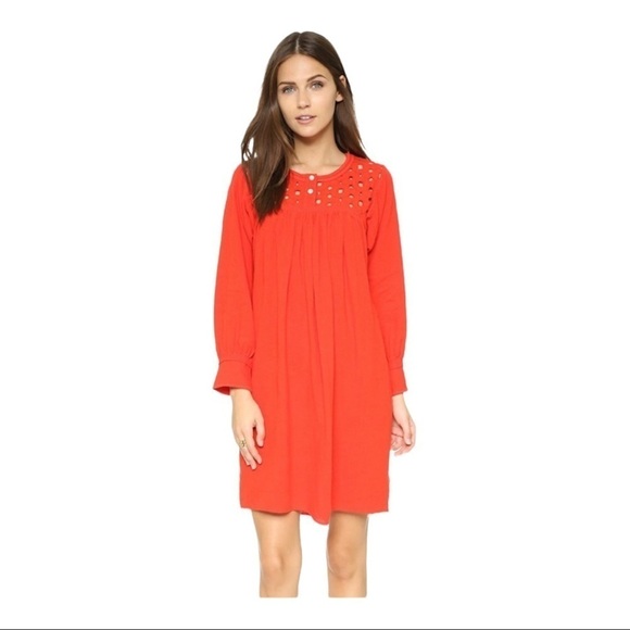 Madewell Coral Eyelet Linen Blend Long Sleeve Mini Dress Size M - Picture 5 of 13